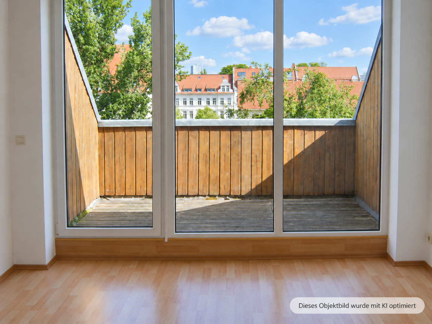 Blick durch eine Glastür auf eine Terrasse über den Dächern, laut Kennzeichnung mit KI optimiert