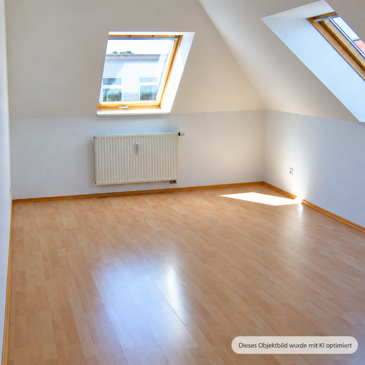 Zimmer mit Dachfenstern, laut Kennzeichnung mit KI optimiert
