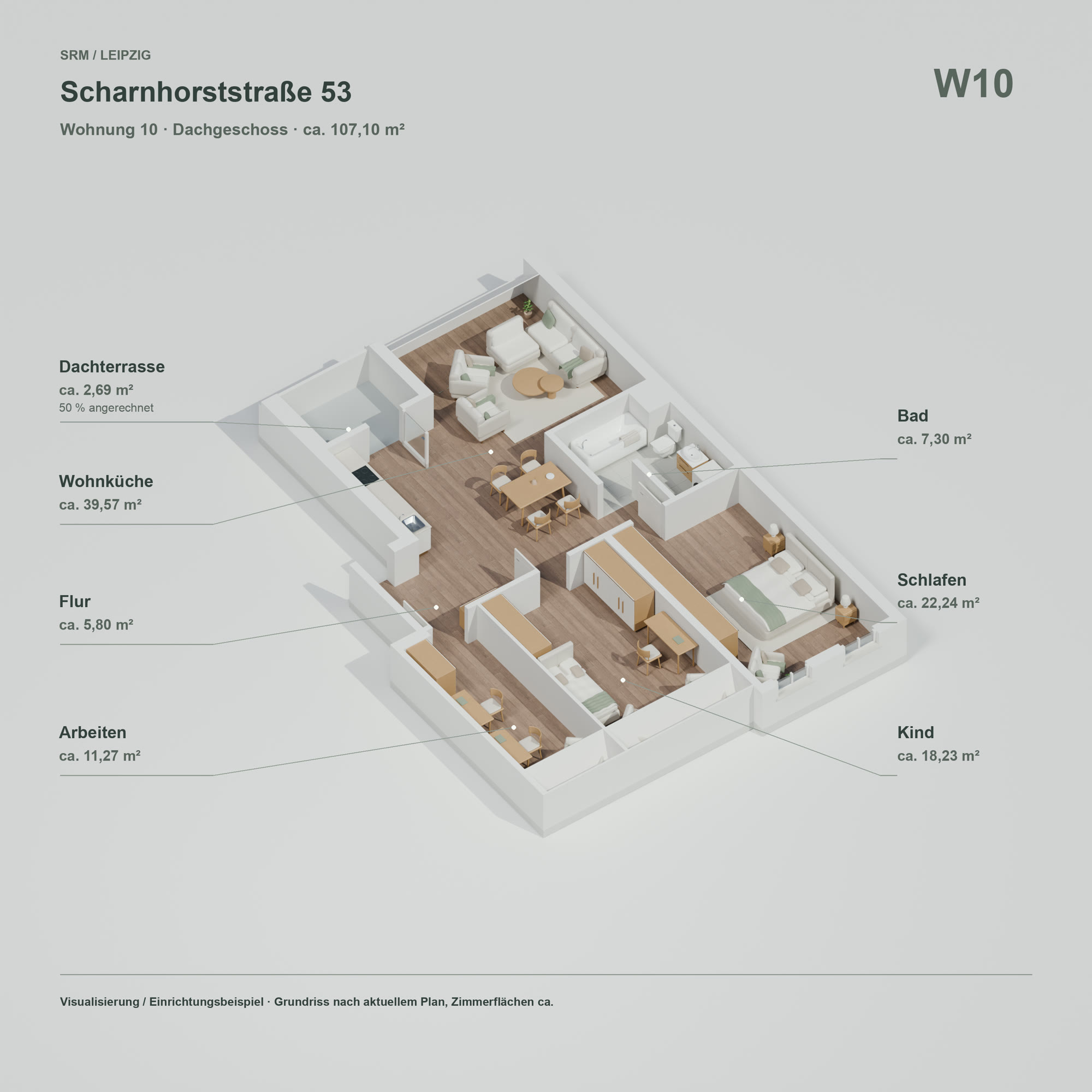 3D-Grundriss Wohnung 10 nach aktuellem Plan: offene Wohnküche mit Zugang zur Dachterrasse, Schlafen, Kind, Arbeiten, Bad und Flur, 107,10 m²