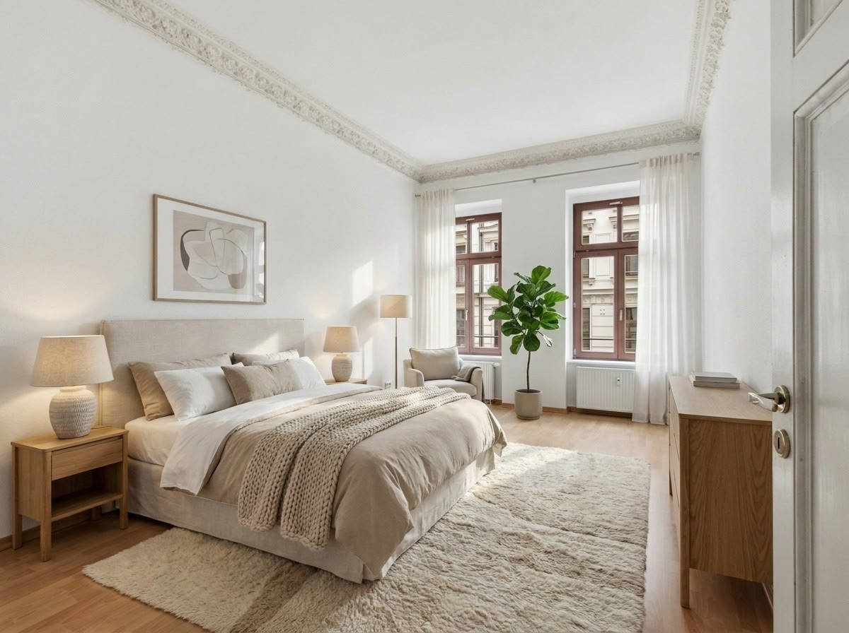 Schlafzimmer mit beispielhafter Einrichtung